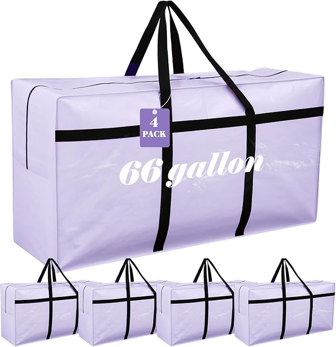 4 Pcs 66 Gallon Extra Large Moving Bags Heavy Duty Storage Bag with Strong Zipper Handle Foldable XXL Jumbo Storage Tote Packing Moving Box for College Dorm Travel Cloth Duffle (Jelly Purple)