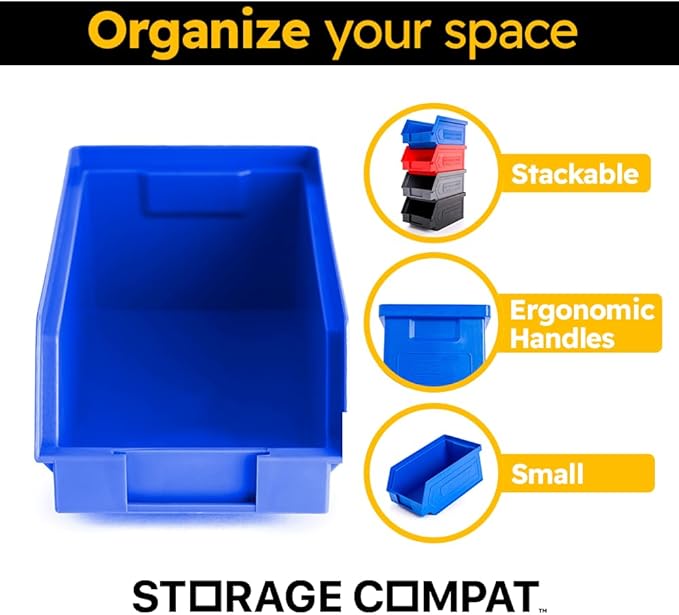 50 Pack Small Storage Bin, Wall Mount Storage, Hanging and Stacking Bin, Freestanding | 7” x 4” x 3” Plastic Container, Blue