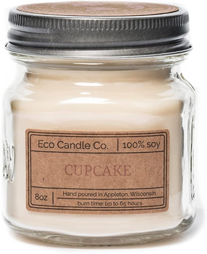 Eco Candle Co. Mason Jar Candle, Cupcake, 8 oz. - Scents of Yellow Cake & Icing - 100% Soy Wax, No Lead, Kraft Label & Antiqued Pewter Lid, Hand Poured, Made from Midwest Grown Soybeans