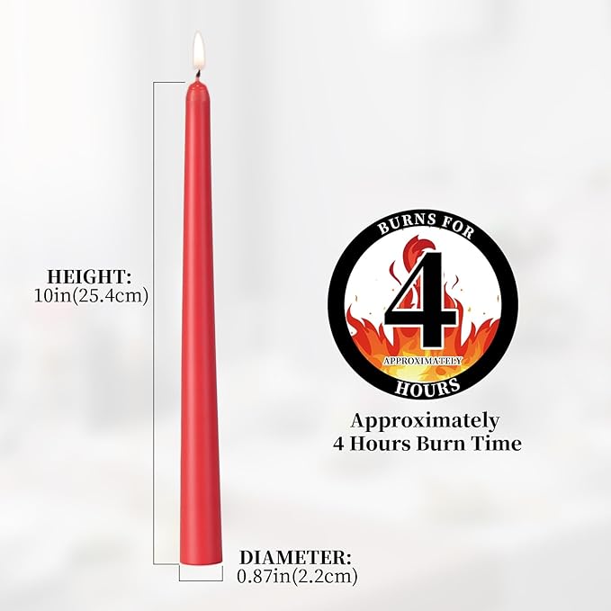 KONNI 0.87×10 Inch Red Taper Candles, Unscented and Smokeless Tall Candlesticks, 10 Pack Tapered Candles with Cotton Wicks, Long Burning, Ideal for Weddings, Dinner Parties, and Home Décor