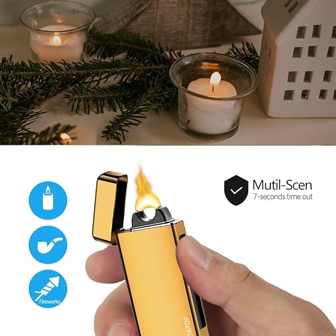 GADATOP Electric Lighter Dual Arc Plasma Lighter USB Rechargeable, Windproof Flame Lighters Electronic Lighters for Candle Incense Camping (Gold)