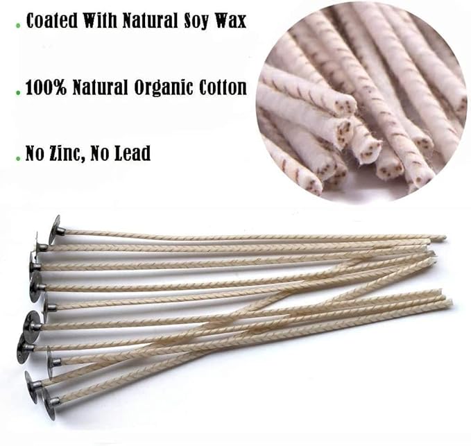 100pcs ECO8 Wicks for Soy Candles, 8 inch Pre-Waxed Candle Wick for Candle Making,Thick Candle Wick with Base