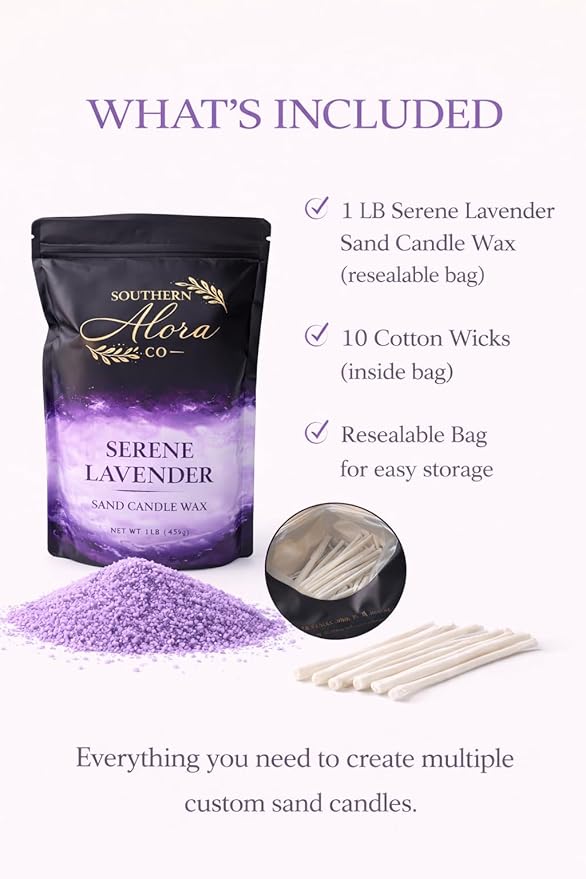 Candle Sand Wax 1 LB – Southern Alora Sand Candles with Wicks – Wax Beads with 10 Cotton Wicks – Refillable DIY Candle Kit for Wedding Centerpieces, Table Decor & Home Decor – Lavender Serenity