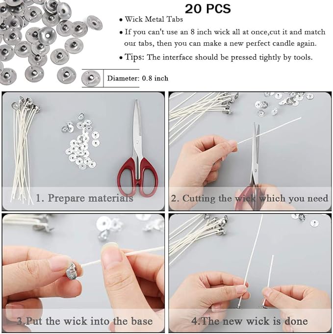 Bulk Cotton Candle Wick 8" Pre-Waxed 80 Pcs with 60Pcs Candle Wick Stickers, 5Pcs Candle Wick Centering Device and 20PCS Metal Tabs for Candle Making (80pcs 20cm Wick kit)