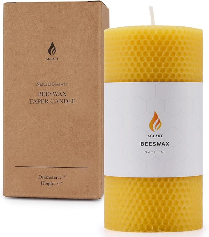 3 * 6" Large Beeswax Pillar Candle, Handmade Pure Beeswax Rolled Candle,Unscented & Dripless & Smokeless,Original Color