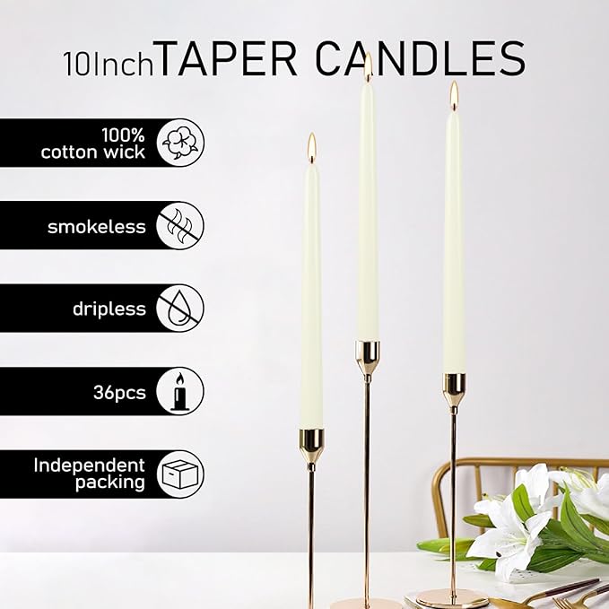 36 Pack Ivory 10-Inch Taper Candles - Premium Dripless, Smokeless & Unscented for Wedding Decor, Romantic Dinner, Party & Home - Long Burning Hand-Poured Tall Candles with Clean Finish
