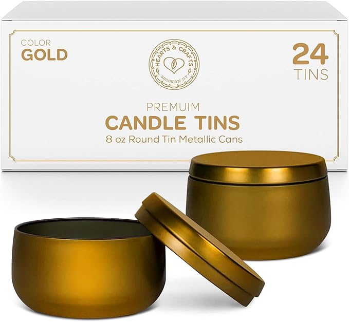 Hearts and Crafts 24-Pack of Round Metal Candle Jars with Lids - 8oz Candle Making Supplies for DIY Crafts, Storage, and Organizing - Empty Tin Containers for Gifts or Small Essentials - Gold