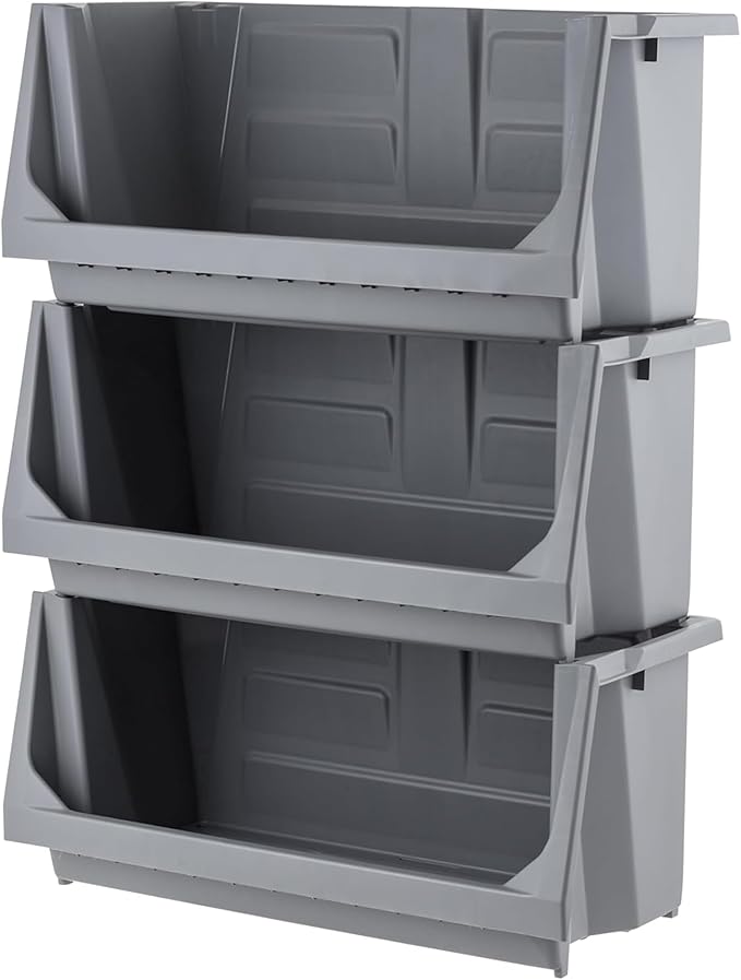 IRIS USA Open Front Storage Bins, Jumbo, Heavy Duty Garage Storage, Stackable Storage Bins, Tools Hardware Hose Household Product Sporting Goods, Interlocked Secure Stacking, 3 Pack, Dark Gray