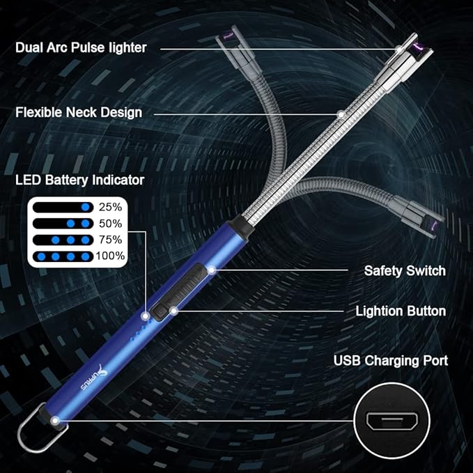 SUPRUS Electric Candle Lighter USB Type C Rechargeable Lighter Steel Shell & Hanging Hook with 360° Flexible Neck(Dark Blue)