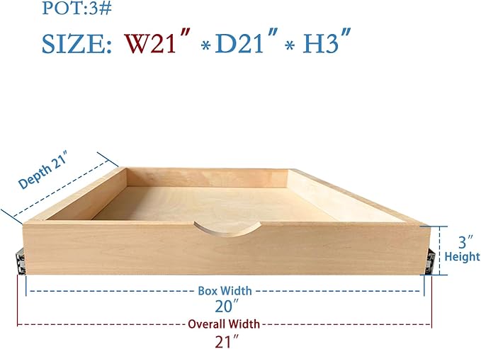Kitchen Cabinet Organizer, Fully Assembled Drawer Wood Pull Out Tray Drawer Box Cabinet Slide Out Shelve, Wooden Pull-Out Shelf (W21''×D21''×H3'')