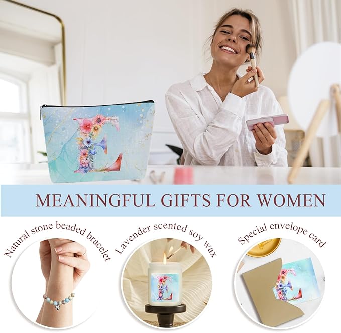 Personalized Gifts Monogrammed Birthday Gifts for Women, Daughter Bestie Friendship Christmas Halloween Initial Wine Tumbler Makeup Bag Scented Candle Bracelet Set, (Aesthetic Blue Flower E)