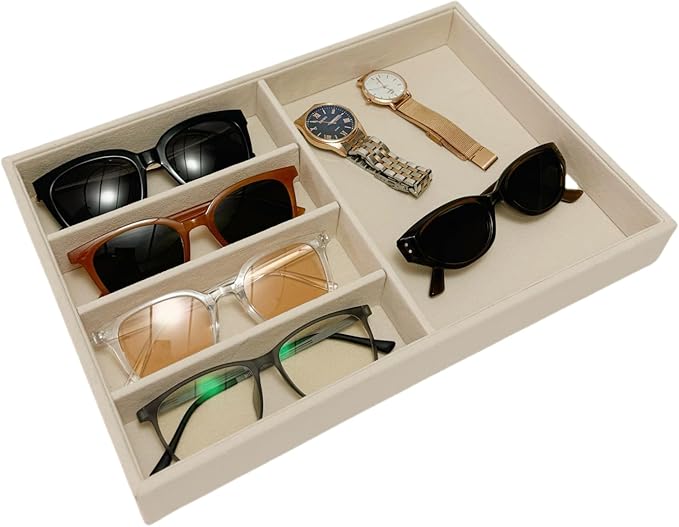 Large Beige Premium Quality Velvet Jewelry Display Box Tray Stackable Practical Trade Show Home Store Glasses Accessories (Multifunction Jewelry Tray)
