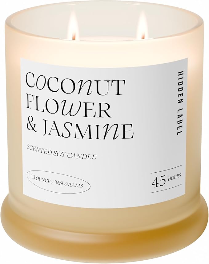 Hidden Label Coconut Flower & Jasmine Scented Candle | 2 Wick Large Candles for Home Scented 13oz 75Hour Long Lasting Slow Burning | Aromatherapy Candle for Home Decor, Stress Relief & Relaxation