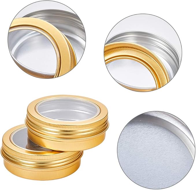 BENECREAT 14 Pack 2 OZ Tin Cans Screw Top Round Aluminum Cans Screw Lid Containers with Clear Window - Great for Store Spices, Candies, Tea or Gift Giving (Gold)