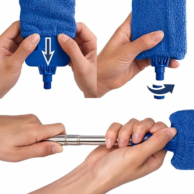 Retractable Gap Dust Cleaner with Extension Pole 30'' to 100'', Cleaning Tools with 3 Microfiber Dusting Cloths, Extendable Long Handle Duster for Cleaning Under Refrigerator Furniture Appliance Blue