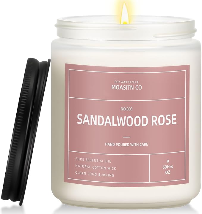 Sandalwood Rose Candle for Home Scented| Natural Soy Non Toxic Candles| Long Clean Burning Aromatheraphy Jar Candel| Women,Men Gift for Autumn,Winter, Halloween,Thanksgiving,Relaxing| 9oz
