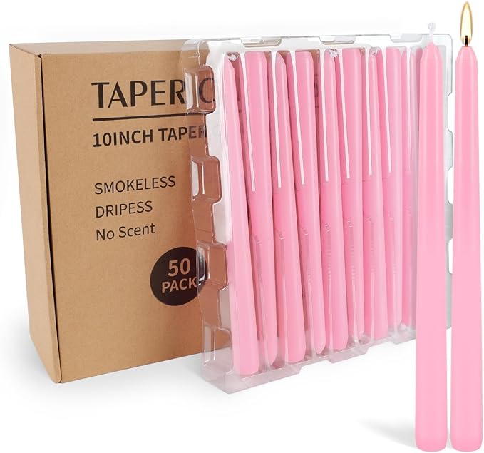 50-Pack Pink 10-Inch Taper Candles: Unscented Dripless Candlesticks with 8-Hour Burn Time - Elegant Dinner Candles for Valentine's Day, Romantic Dinners, Wedding Centerpieces, & Special Event Decor