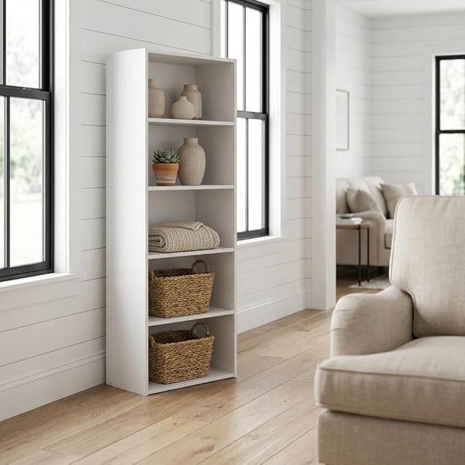 Furnifact White Bookcase with Sturdy Wooden Construction, Simple Open Design, Ideal for Home and Office Storage, Stylish and Durable Wood Finish