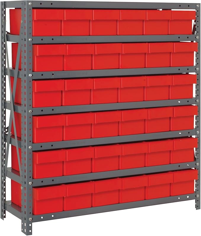 Quantum Storage Systems 1239-601RD Solid Heavy Duty 7 Shelves 36 Super Tuff Euro Red Bins 39" H x 36" W x 12" D
