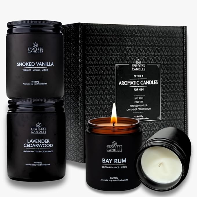 Scented Candles for Men - 200 Hours Burn Time in Gift Box & Protective Shipper - Men Candle Set x 4 - Cedarwood & Lavender/Bay Rum/Pine Tar/Smoke & Vanilla - Spotless Leopard
