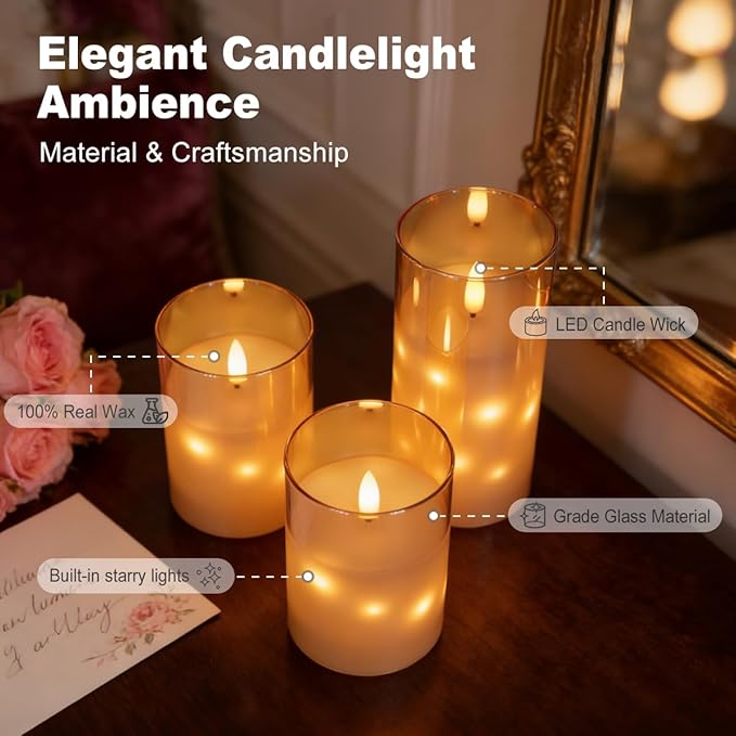 Rechargeable Glass LED Flameless Candles, Embedded Star String Flickering Flameless Candles for Romantic Ambiance and Home Decoration with Remote & Timer(Gold)