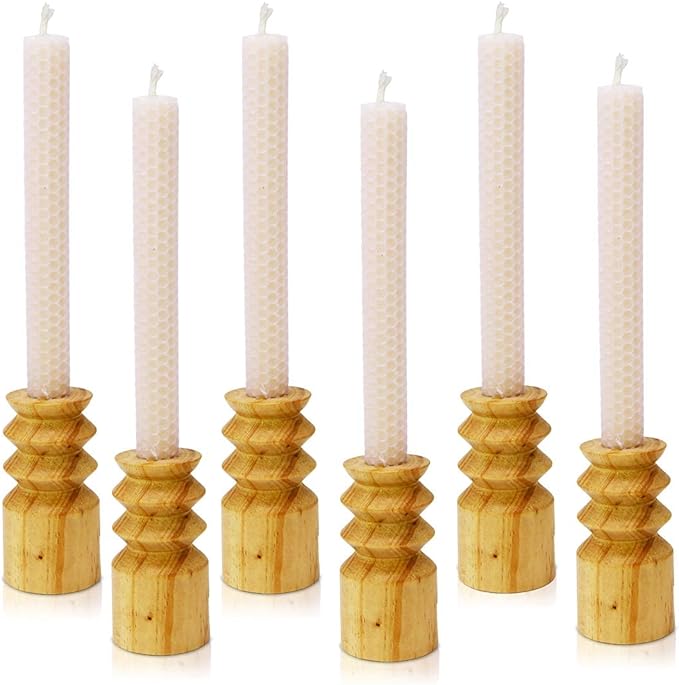 DEYBBY Natural Beeswax Taper Candles,8inch Dripless and Smokeless White Bee Wax,4Hour Burn Time Flat Top (Pack of 6)