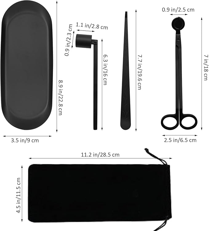 MrMrKura 4 in 1 Candle Accessory Set, Candle Snuffer, Candle Wick Cutter, Candle Dipper, Storage Tray Plate, Candle Care Kit with Velvet Pouch for Candle Lover (Black)