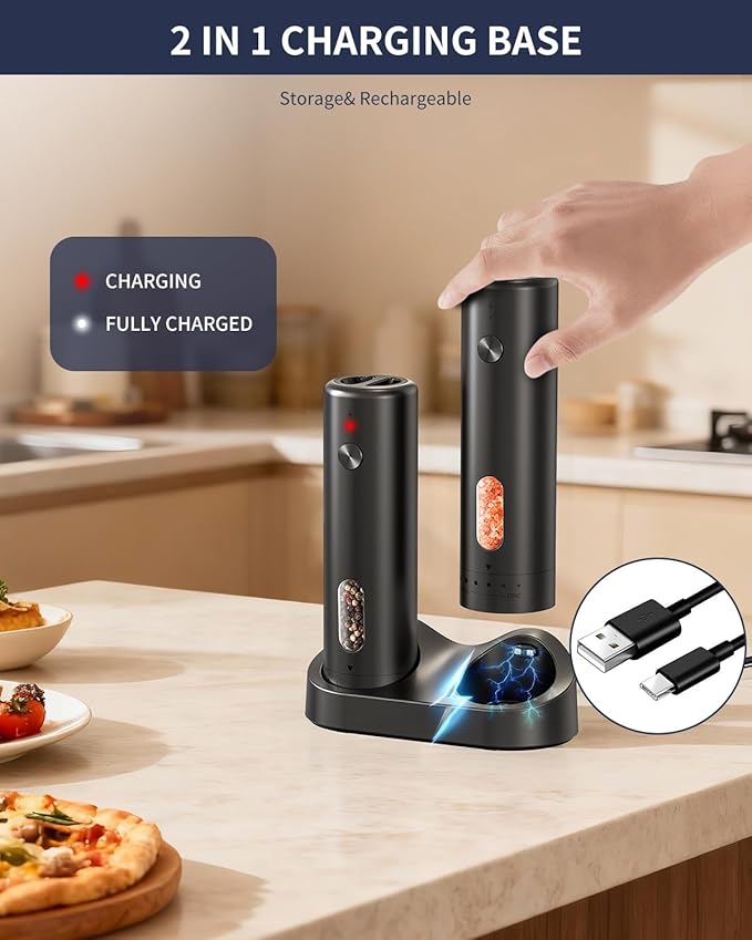 CIRCLE JOY Rechargeable Electric Salt and Pepper Grinder Set with Charging Base, Automatic Pepper Mills with 110ml Container, External Adjustable Coarseness, White Led Light, Easy to Operate, Black
