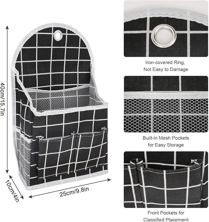 2 Pack Wall Hanging Storage Bag with Pocket, Fabric Organizer Basket with Sticky Hook, Over the Door Caddy Organizer Box for Closet Dormitory Bedroom Bathroom Kitchen (Black Plaid + White Plaid)