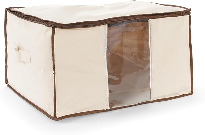 Covermates Canvas Storage Bag for Blankets, Clothes & Décor, 100% Cotton Breathable Fabric, Clear ID Window, Dual Zipper Closure, Carry Handles, Closet Organization, Natural