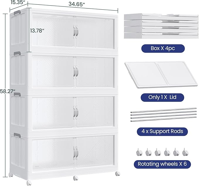 240GAL Plastic Storage Bins with Lid, 960QT Extra Large Stackable Closet Organizers and Storage, Collapsible Storage Boxes with Wheels, Folding Cabinet for Home Kitchen Office, 4Pack White