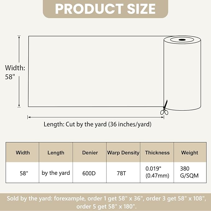 Waterproof Marine Canvas Fabric by The Yard 58" W 600D PVC Backing Water-Resistant Polyester Fabric Upholstery Material for Outdoor Indoor Marine Awning Tent Boat Furniture Cover DIY, 5 Yards Khaki