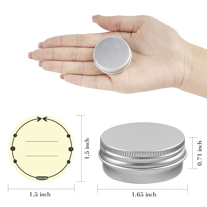 TUZAZO 24Pack 1/2 Oz Aluminum Tin Cans with Screw Lid and Labels, Refillable Travel Sized Cosmetic Containers Small Tins for Lip Balms, Salves, Lotion Bars, Candles