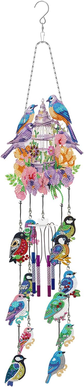 Birdcage Diamond Art Painting Wind Chime DIY Kits Sparrow Birds 5D Diamond Art Wind Chimes Hanging Ornament Set Double Sided Special Shaped Gem by Number Mosaic Wind Chime for Yard Tree Outside Decor