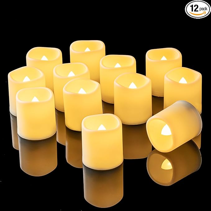 Homemory 12PCS Auto Timer Flameless Votive Candles, Flickering Battery Operated LED Tealight Candles, Realistic Electric Fake Tealight Candles for Wedding, Table, Outdoor(Battery Included)