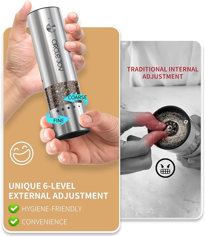 CIRCLE JOY Mini Rechargeable Salt and Pepper Grinder Set with Wooden Base, Dust Cover and External Adjustment, Stainless Steel Electric Pepper Mill Grinders for Kitchen, Outdoors and Travel, Silver