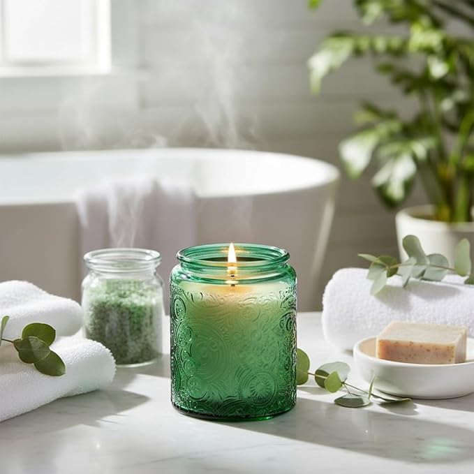 9-Pack 8oz Embossed Glass Candle Container with Bamboo Lids and Labels, Green Candle Jars for Making Candles, Sun Moon Star Design
