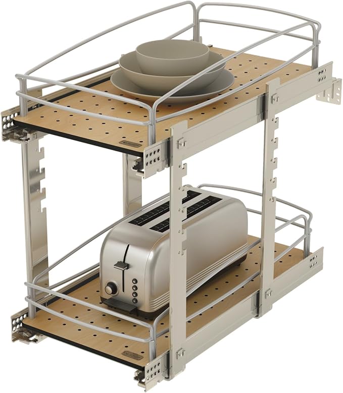 Rev-A-Shelf 2 Tier Pull Out Kitchen Cabinet Storage Organizer with Solid Bottom & Undermount Soft-Close Full Extension Slides, 54BK-12SC-2-1