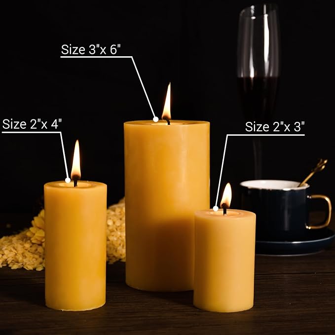 100% Pure Natural Beeswax Pillar Candles-170 Hours Long Burning Time Emergency Beeswax Candles | Organic Bees Wax for Home, Prayer, Christmas, Party | Unscented, Smokeless, Dripless 2 Pack (3×6 inch)