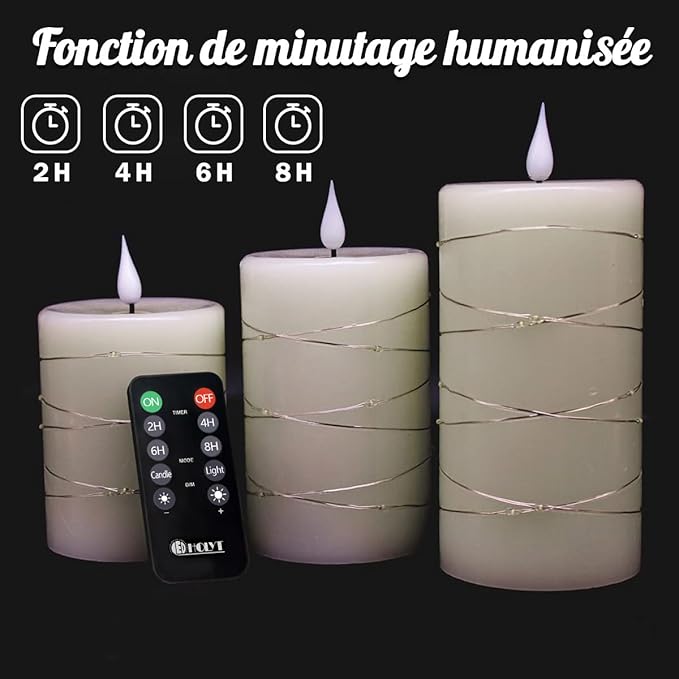 Rechargeable Flameless Candle, Flickering LED Pillar Real Wax Candle with Fairy Lights, Remote Control and Timer, Upgraded Teardrop Wick, Built-in Battery Electronic Candle, Set of 3