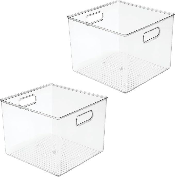 mDesign Small Modern Plastic Storage Organizer Bin Basket with Handles for Home Closet Organization - Shelf, Cubby, Cabinet, and Cupboard Organizing Decor - Ligne Collection - 2 Pack - Clear