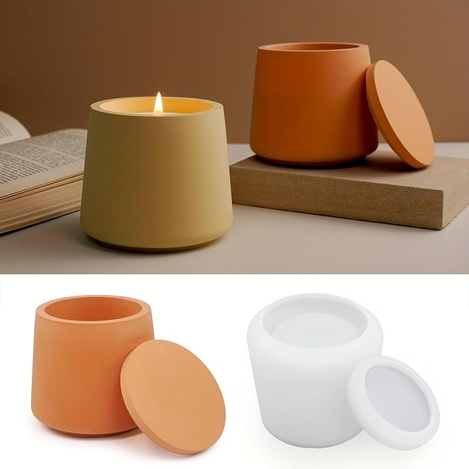1 PC Candle Jar Molds, Silicone Concrete for Candle Holder with Lids, Candles Resin Epoxy Resin Casting DIY for Candle Making Supplies Scented Candles Soaps Making