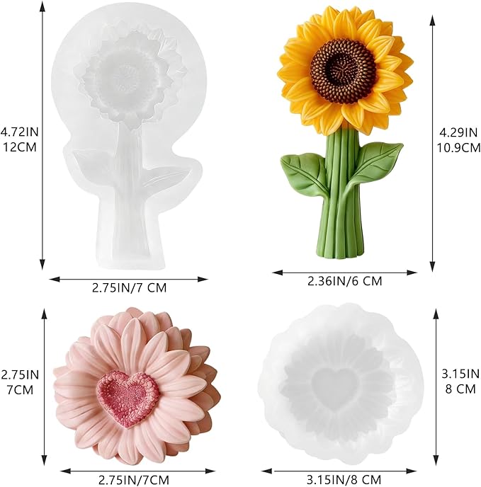 2PCS Sunflower Candle Molds 3D Sunflower Bouquet Mold for Candle Making Mold DIY Handmade Soaps, Candle Gifts,Resin Crafts,Ice Cubes,Chocolate and Home Decorations Valentine's Day Gift