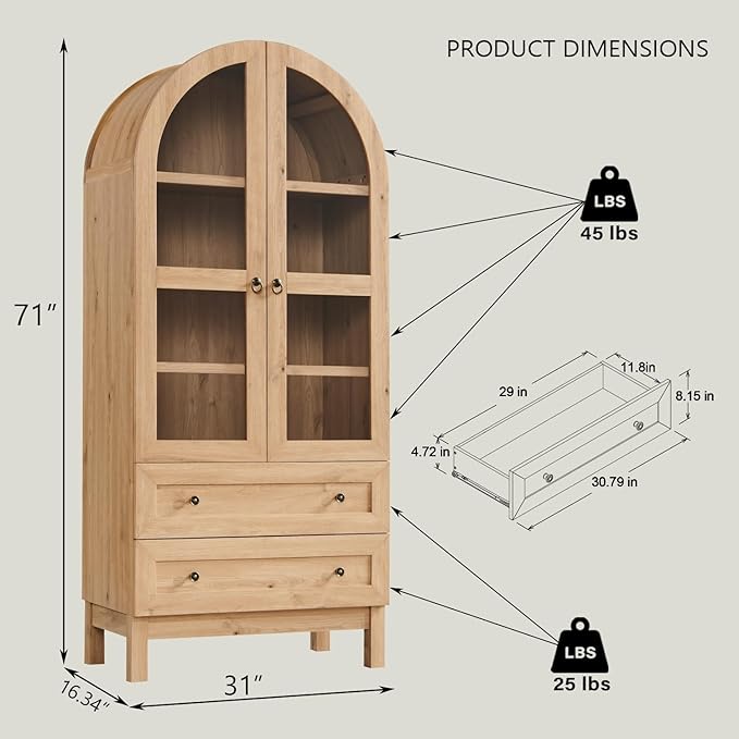 IFBUY 71" Tall Arched Bookshelf, 4-Tier Bookcase with Glass Doors and Shelves, Wooden Display Cabinet w/2 Large Storage Drawers, Modern Farmhouse Versatile Bookshelf for Living Room, Bedroom, Natrual