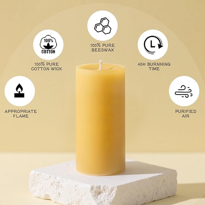 12 Pack Beeswax Pillar Candles, 420 Hours Long Burning Beeswax Candles,Unscented Bees Wax Candles Bulk for Home Paryer Party, Smokeless, Dripless