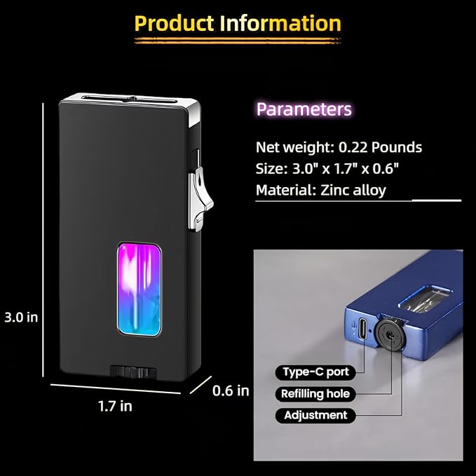 Extra Wide Flame Butane Lighters, Gravity Sensing Shake to Ignite, Adjustable Flame Size, USB-C Charging and Refillable Lighter with Safety Lock (Fuel Not Included) (Blue)