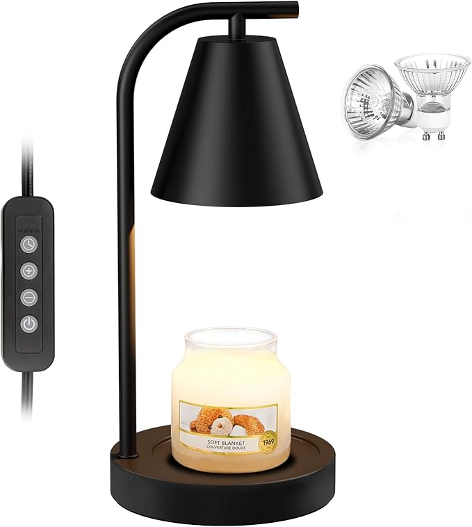 Hong-in Candle Warmer Lamp - with Timer & Dimmer, Modern Home Decor House Warming Gifts Wax Melt Warmer for Jar Candles with 2 Bulbs, Cozy Birthday Gift for Women Mom (Black)