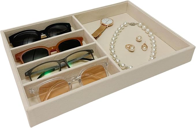 Large Beige Premium Quality Velvet Jewelry Display Box Tray Stackable Practical Trade Show Home Store Glasses Accessories (Multifunction Jewelry Tray)