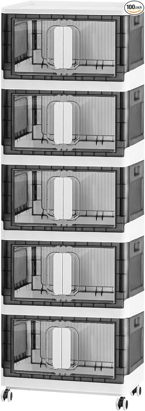 Folding Storage Organizer with Silent casters | Stackable Design for Home & Office, Heavy-Duty Plastic Storage Bin with Clear Door, 3 Sizes (19.5/23.5/27.5in),Black/White (23.6" 5 layer, White)