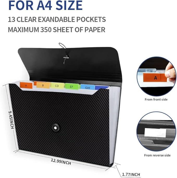 2Pcs Expanding File Folder, 13 Pockets Accordion File Holder Organizer, A4 Letter Size Paper Document Receipt Organizer Accordian Filing Folder for Classroom, Home, Office and Travel